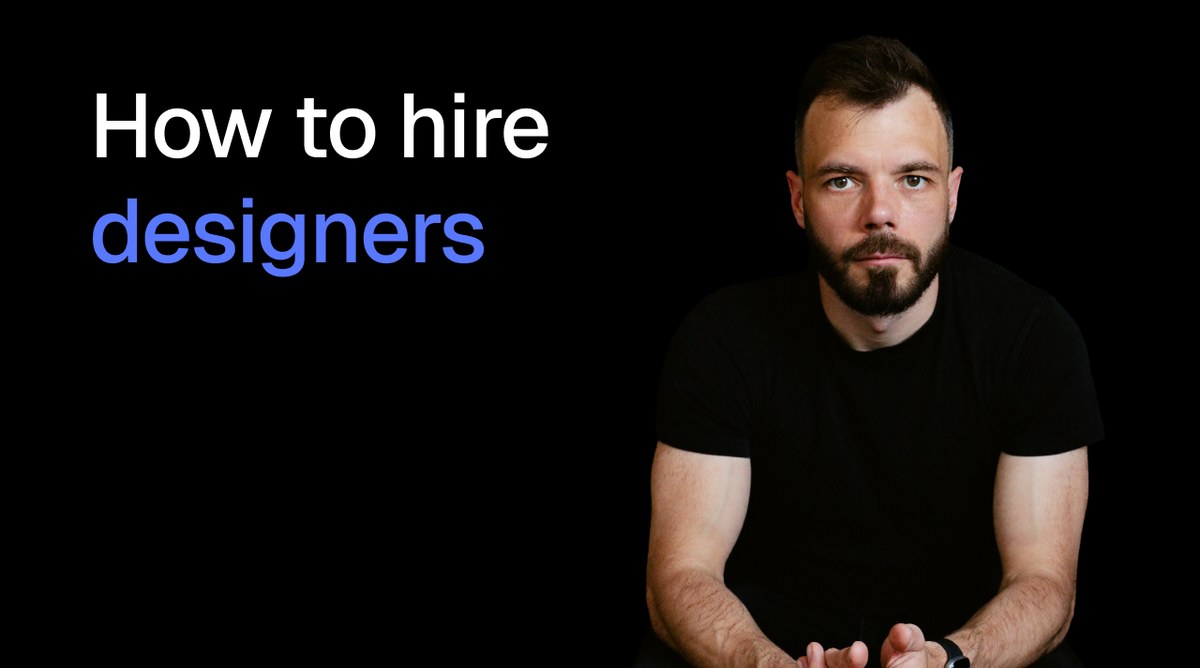 Russ to camera in the studio, captioned “How to hire designers”.