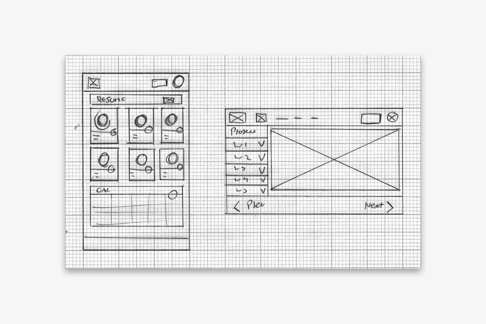 Pencil sketches on grid paper: a mobile dashboard with a grid of six module cards beside a desktop course layout with a week list and a content pane
