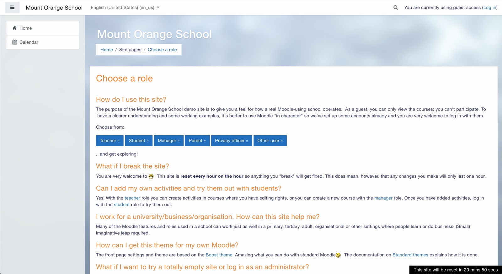 Moodle's stock demo site, Mount Orange School: a plain LMS page with a grey sidebar, orange headings and a row of blue role buttons