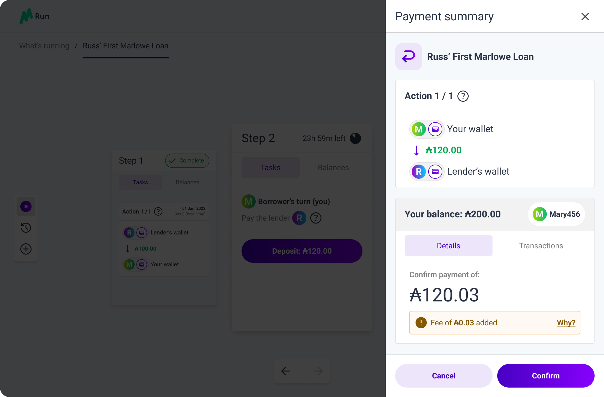 The payment summary as a right-hand drawer, dense with icons