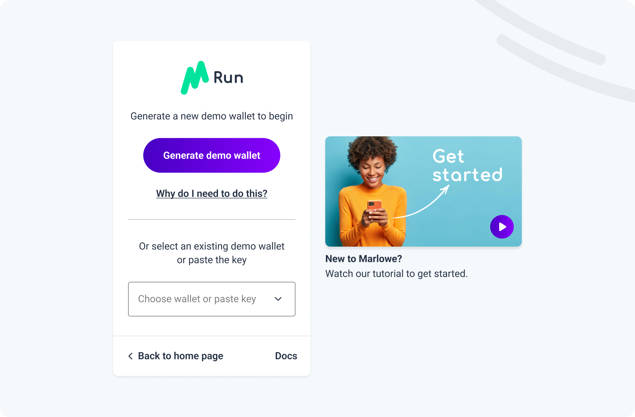 The original Marlowe Run splash page, built around an onboarding video and written explanations