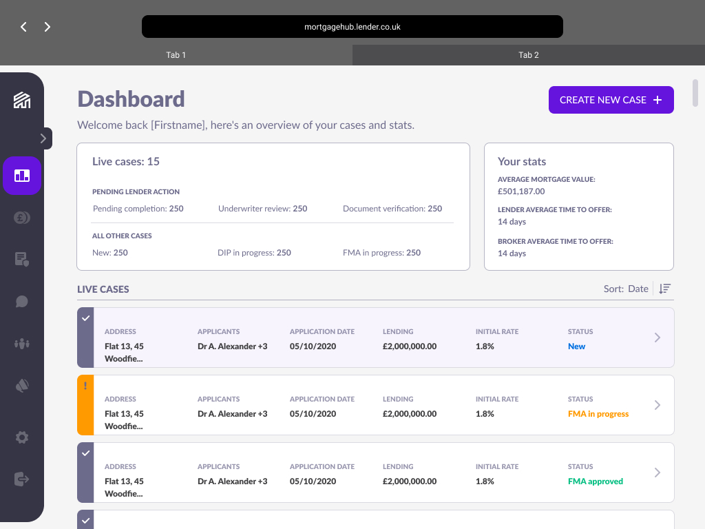 The old Mortgage Hub dashboard with live cases rendered as large card rows, each showing address, applicants, date, lending, rate and status