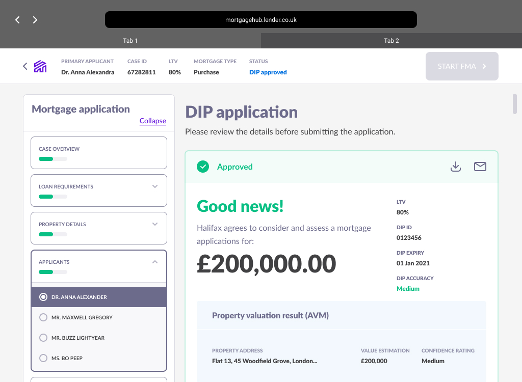The old mortgage application side navigation, a single long list of sections with DIP and FMA mixed together and a progress bar on every section