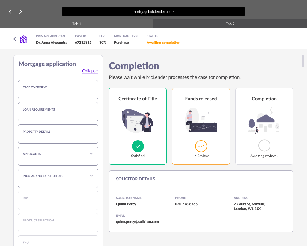 The old completion screen with three large illustrated status cards for certificate of title, funds released and completion